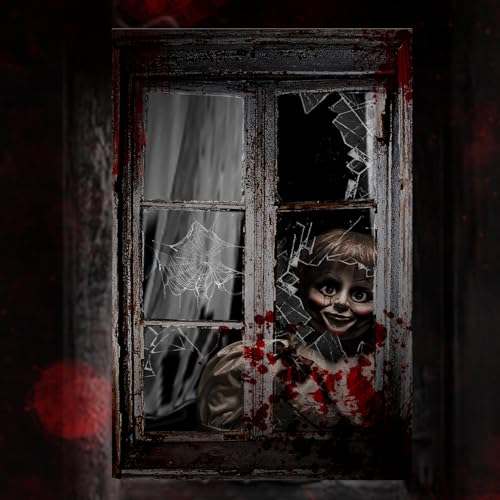 Gruselige Halloween-Fensterdeko, HD-Druck Fensterbilder mit Blut-Silhouetten für drinnen und draußen - Party-Deko (Schwarz Weiß-Mädchen) von FestiKiva