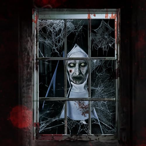 Gruselige Halloween-Fensterdeko, HD-Druck Fensterbilder mit Blut-Silhouetten für drinnen und draußen - Party-Deko (Schwarz Weiß-Nonne) von FestiKiva