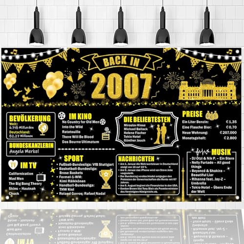 Party-Banner zum 18. Geburtstag Dekorationen, Hintergrund für Party-Poster zum Geburtstag im Jahr 2007, großer Hintergrund für Männer und Frauen zum 18. Geburtstag (Schwarz Gold-2007) von FestiKiva