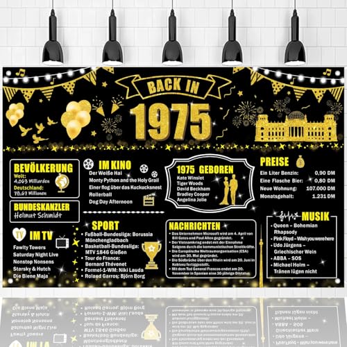 Party-Banner zum 50. Geburtstag Dekorationen, Hintergrund für Party-Poster zum Geburtstag im Jahr 1975, großer Hintergrund für Männer und Frauen zum 50. Geburtstag (Schwarz Gold-1975) von FestiKiva