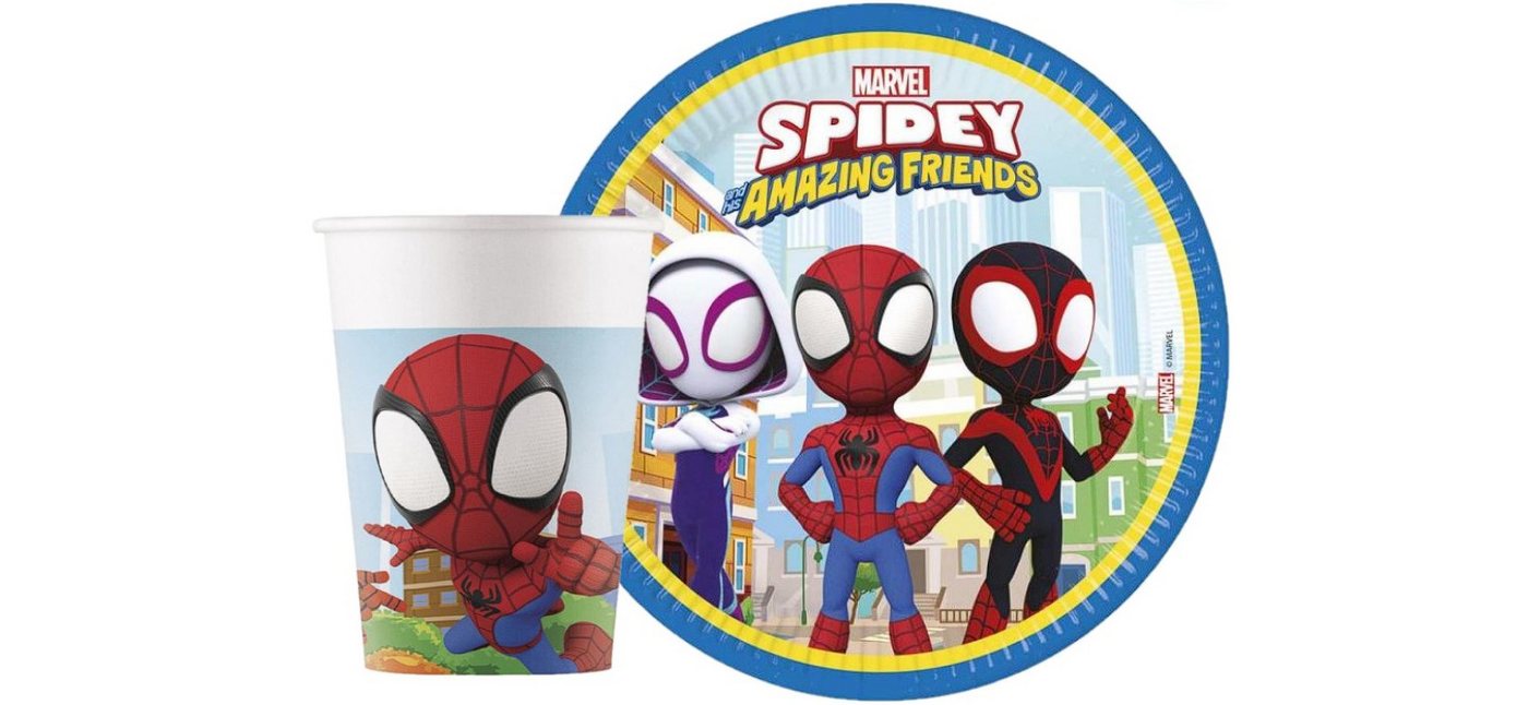 Festivalartikel Einweggeschirr-Set Set Becher Teller Avengers Spiderman 16 Stück, papier von Festivalartikel