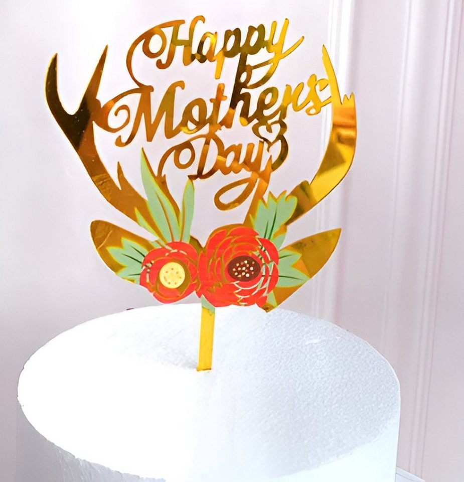 Festivalartikel Tortenstecker Happy Mother's Day Topper Gold, Blumen von Festivalartikel