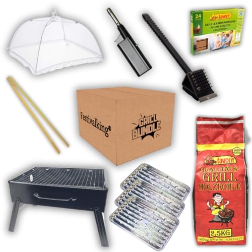 Camping Grill 8-teiliges Set XXL Bundle Holzkohlegrill Tischgrill kleiner Reisegrill mit Holzkohle für Festival, Outdoor & Garten von Festivalking