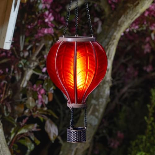 Festive Lights 44cm Heißluftballon Solar Outdoor Solarleuchte Heißluftballon rot Glas Effekt Laterne hängend solarbetriebene Laterne rot Gartenleuchten für Außen Gartenbeleuchtung von Festive Lights