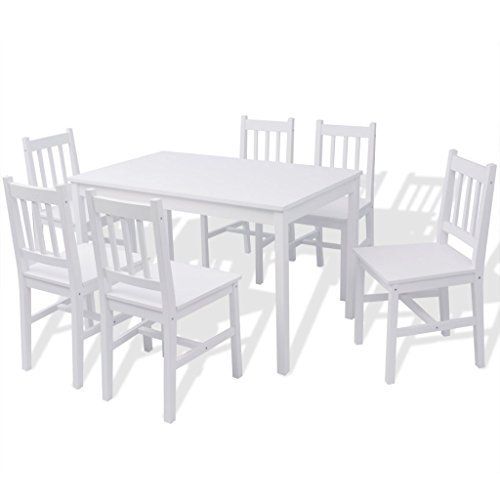 Festnight 7Stk.-Set Essgruppe mit Esszimmertisch + 6 Essstühle Küchentisch Esszimmerstuhl Esstisch-Set aus Pinienholz Weiß von Festnight