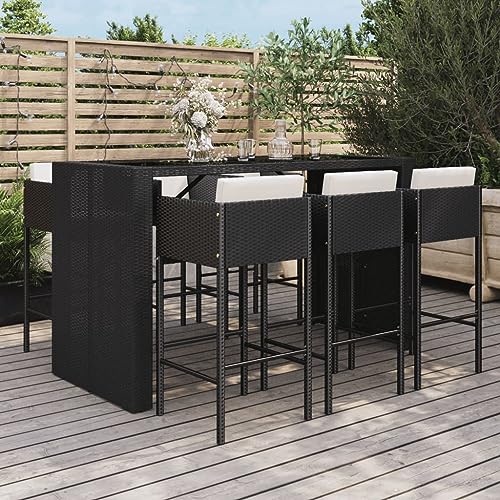 Festnight Bartisch Mit Barhocker Set Rattan 7-TLG Gartenbar Outdoor Schwarz Gartentheke Sitzgruppe Rattan Bar Tresen Stehtisch Outdoor mit Kissen Barhocker mit Fußstütze von Festnight