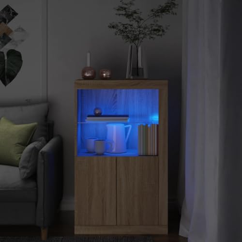 Festnight Beistellschrank mit LED-Beleuchtung Offene Regale Beistellschrank Wohnzimmer Klein Sideboard mit LED Beleuchtung Lagerschrank Sonoma-Eiche Wohnzimmer Schrank Holzwerkstoff von Festnight