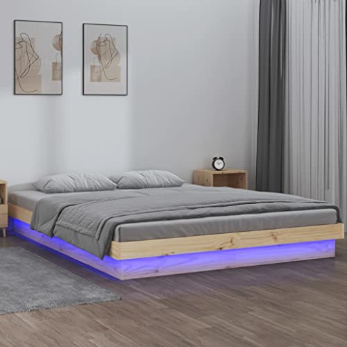 Festnight Bett 120x200 cm mit LED Beleuchtung Holzbett Natur Massivholzbett Bettrahmen Holz Jugendbett Bettgestell mit Lattenrost Einzelbett Doppelbett von Festnight