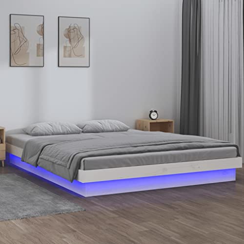 Festnight Bett 120x200 cm mit LED Beleuchtung Holzbett Weiß Massivholzbett Bettrahmen Holz Jugendbett Bettgestell mit Lattenrost Einzelbett Doppelbett von Festnight