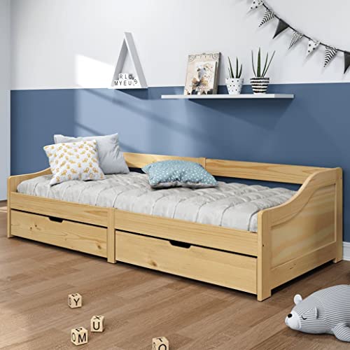 Festnight Bett 90x200 Mit Schubladen Tagesbett Mit 2 Stauraum Gästebett Betten Mit Schubladen Einzelbetten Mit Stauraum Funktionsbett Massivholz Kiefer Latten-Design Zusätzlicher Stauraum von Festnight