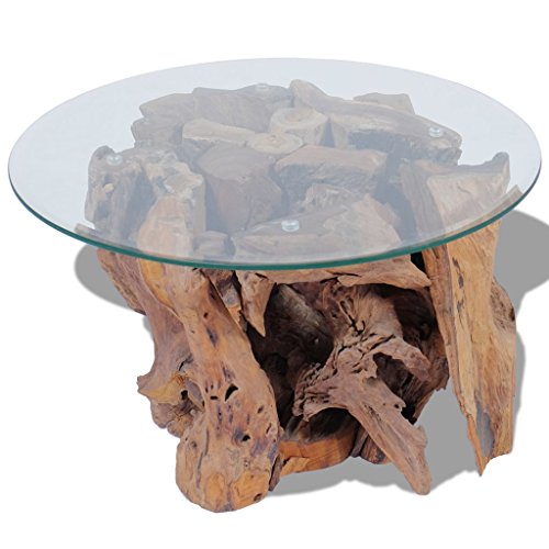 Festnight Couchtisch Kaffeetisch Coffeetisch mit Tischfuss aus Massives Teak-Treibholz Ideal als Beistelltisch Glas Tischplatte Durchmesser 60cm von Festnight