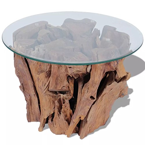 Festnight Couchtisch Rund 60cm | Glas Tischplatte und Teakholz Tischfuss | Beistelltisch Kaffeetisch Wohnzimmertisch von Festnight