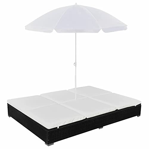 Festnight Doppelliege Outdoor 2 Personen mit Sonnendach Doppel Gartenliege Rattan Sonnenliege Loungebett mit Sonnenschirm Gartenbett mit Auflage Verstellbare Liege Outdoor Rattanliege von Festnight