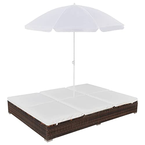 Festnight Doppelliege Outdoor 2 Personen mit Sonnendach Doppel Gartenliege Rattan Sonnenliege Loungebett mit Sonnenschirm Gartenbett mit Auflage Verstellbare Liege Outdoor Rattanliege von Festnight