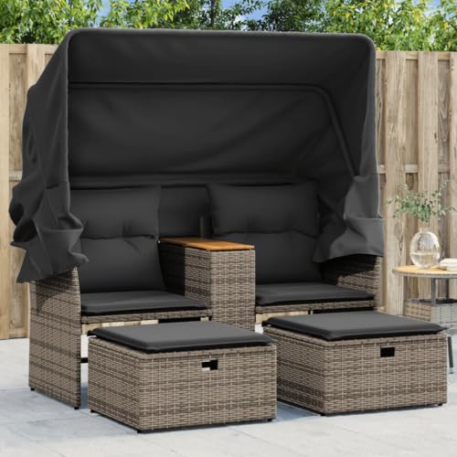 Festnight Gartensofa mit Dach und Hocker, Grau, Rattan, 2-Sitzer, Ausziehbar, Balkon, Terrasse, Garten, Wohnzimmer, Sofa, Polyrattan, Gartenlounge von Festnight