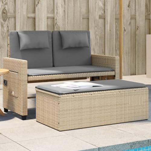 Festnight Gartensofa mit Bettfunktion Gartensofa 2-Sitzer mit Balkonmöbel Rattan Balkonsofa Balkon Sitzgruppe Rattansofa Gartenmöbel Couch Terrasse Gartenbank Garten Loungesofa mit Hocker Beige von Festnight