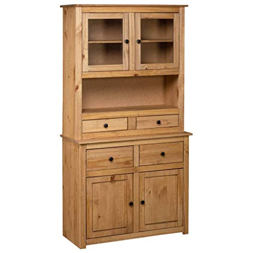 Festnight Highboard mit Offenem Fach, 4 Schubladen, 2 Türen und 2 Glastüren Anrichte Standschrank Sideboard Kommode Schrank 93×40,5×180 cm Kiefer Massivholz Panama Serie von Festnight