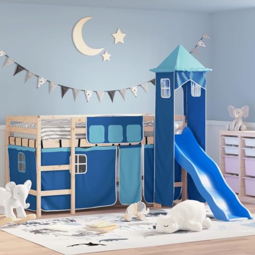 Festnight Hochbett Kinder mit Rutsche Leiter Spielbett mit Turm Kinderbett 90x200 cm Kinderhochbett Vorhang Etagenbett Hausbett Holzbett Einzelbetten Jugendbett Bettgestell Rutschbett Halbhochbett von Festnight