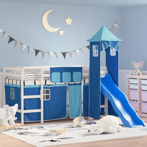 Festnight Hochbett Kinder mit Rutsche Leiter Spielbett mit Turm Kinderbett 90x200 cm Kinderhochbett Vorhang Etagenbett Hausbett Holzbett Einzelbetten Jugendbett Bettgestell Rutschbett Halbhochbett von Festnight