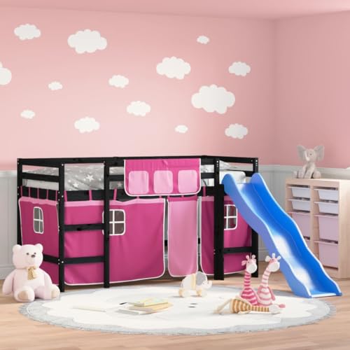 Festnight Hochbett Kinder mit Rutsche Vorhang Spielbett Kinderbett 90x200 cm Kinderhochbett Etagenbett Hausbett Holzbett mit Leiter Einzelbetten Jugendbett Rutschbett Halbhochbett von Festnight