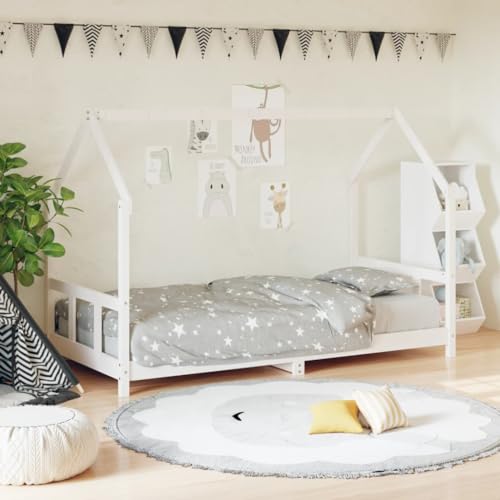 Festnight Kinderbett aus Holz 90x200 cm Hausbett für Jungen & Mädchen Kinder Bett Jugendbett mit Rausfallschutz Bodenbett Massivholz Holzbett Bettgestell mit Lattenroste Bettrahmen Weiß von Festnight