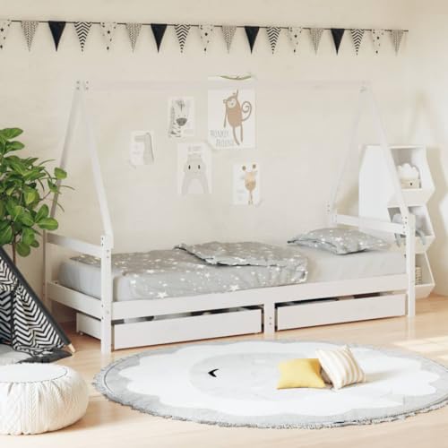 Festnight Kinderbett mit Schubladen 90x200 cm Hausbett für Jungen & Mädchen Bett Kinder mit Rausfallschutz Jugendbett Holzbett Einzelbett Holz Bettrahmen Weiß Bettgestell mit Lattenroste von Festnight