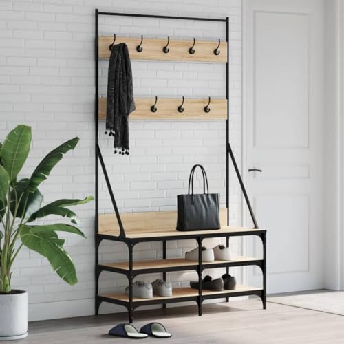 Festnight Kleiderständer mit Schuhablage Garderobenständer 100 x 40 x 184 cm Kleiderständer mit Schuhbank Sonoma Eiche Schuhregal Garderobenleiste Garderobenpaneel Garderobe Mit Sitzbank Flur Möbel von Festnight