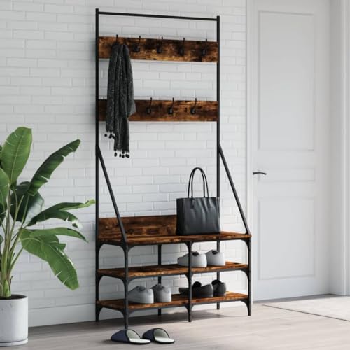 Festnight Kleiderständer mit Schuhablage Garderobenständer Kleiderständer mit Schuhbank Räuchereiche-1 Schuhregal Garderobenleiste Garderobenpaneel 90 x 34 x 184 cm Garderobe Mit Sitzbank Flur Möbel von Festnight