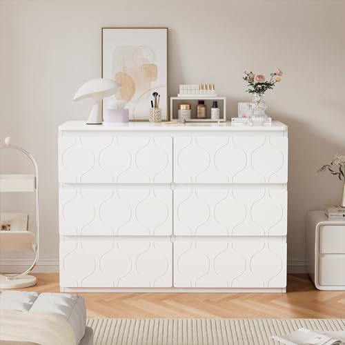 Festnight Kommode mit 6 Schubladen Weiß Komodenschrank Wellenmuster Sideboard Schlafzimmer Flurschrank Wohnzimmer Flur Schrank Chest of Drawers 110x40x72 cm von Festnight