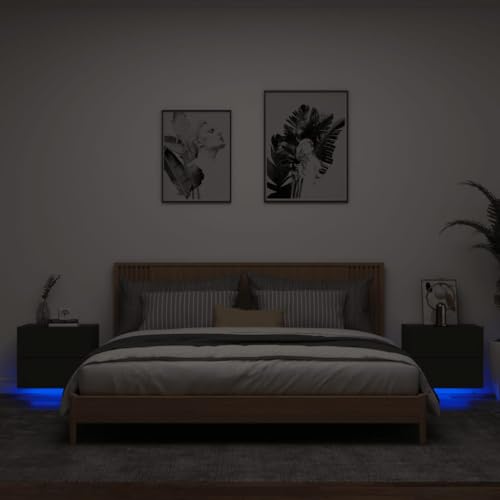 Festnight Nachttisch Hängend mit LED Beleuchtung Wandregal mit Schublade Nachtschrank Hängeschrank Modern Wand Nachtkommode Wandschrank 2er Set Wandboard Wandschublade von Festnight
