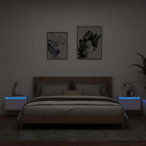 Festnight Nachttisch Hängend mit LED Beleuchtung Wandregal mit Schublade Wandschrank Wand Nachtschrank Hängeschrank Modern Kleiner Nachtkommode Wandboard Wandschublade Weiß 2er Set von Festnight