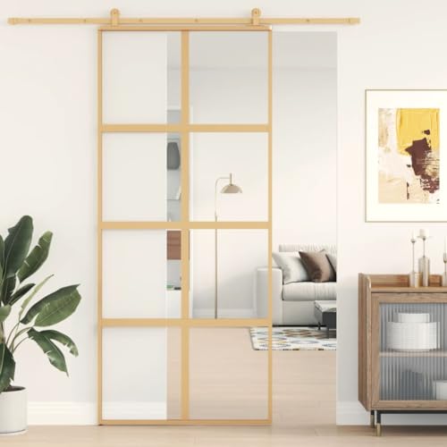 Festnight Schiebetür Glasschiebetür Golden-11 Schiebetür Mit Tür Sliding Door Innentüren Schwebetüren 90 x 205 cm ESG-Klarglas und Aluminium von Festnight