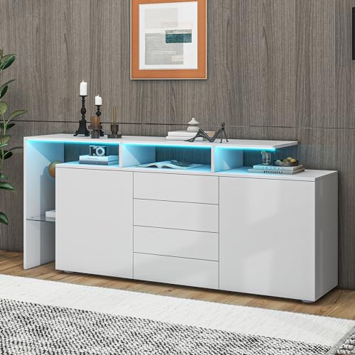 Festnight Sideboard Wohnzimmer Kommoden LED 3 Schubladen Buffetschrank Wohnzimmerschrank Küchenschrank Weiß Moderne kommoden & sideboards Flur Schrank 160x35x70 cm von Festnight