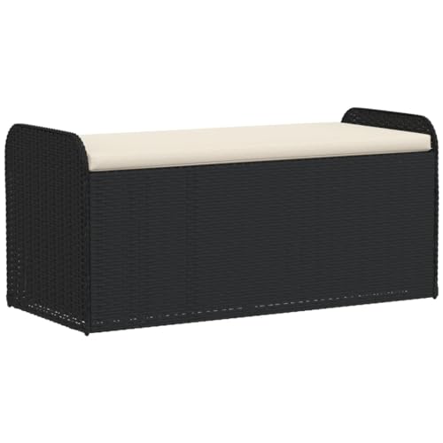 Festnight Sitzbank mit Stauraum Gartenbank Bank Rattan Aufbewahrungsbank Sitzbank Auflagenbox mit Kissen Schwarz 115x51x52 cm Poly Rattan Gartensofa Balkonmöbel Gartenmöbel Balkonbank von Festnight