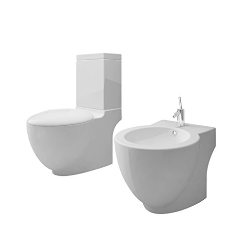 Festnight Stand-Toilette/WC mit Soft WC Sitz + Stand-Bidet Bodenstehend Bidet & Toilette Set aus Keramik Wei? von Festnight