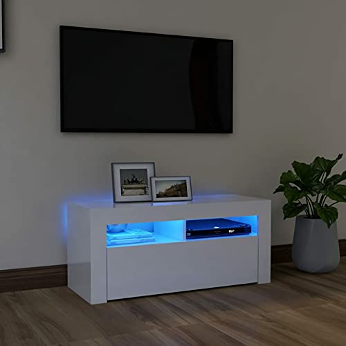 Festnight TV-Schrank mit LED Fernsehschrank Mit Led Medienschrank Lowboard Wohnzimmer TV Lowboard TV Sideboard Wohnzimmer TV Board Hochglanz-Weiß 90x35x40 cm von Festnight