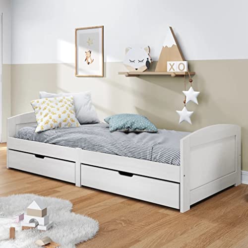 Festnight Tagesbett Holz 90x200 cm Bettsofa mit Schubladen Schlafsofa Holzbett Sofabett Bett Weiß Sofa mit Schlaffunktion Funktionsbett Gästebett Einzelbett Jugendbett Bettgestell mit Stauraum von Festnight