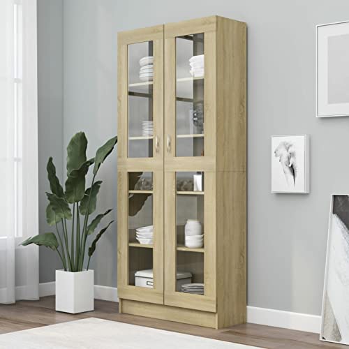 Festnight Vitrinenschrank Bücherschrank Mit Glastüren Aktenschrank Glastür Glasvitrine Hochschrank Stehend Vitrine Schrank Sonoma-Eiche 82,5 x 30,5 x 185,5 cm Holzwerkstoff von Festnight