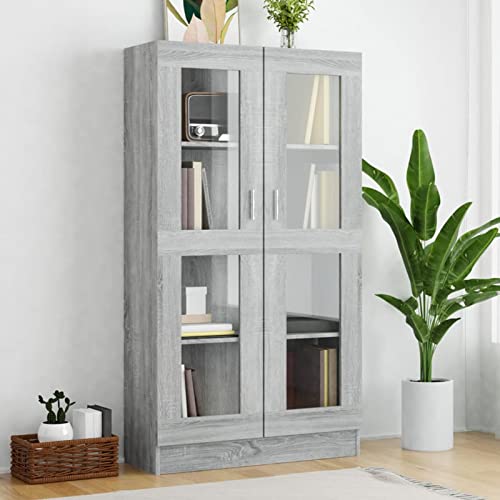 Festnight Vitrinenschrank Bücherschrank Mit Glastüren Aktenschrank Glastür Glasvitrine Stehend Vitrine Schrank Grau Sonoma 82,5x30,5x150 cm Holzwerkstoff von Festnight