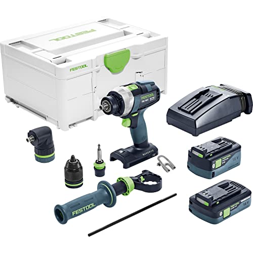 Festool Akku-Bohrschrauber TDC 18/4 5,2/4,0 I-Set QUADRIVE (mit Akkupacks, Schnellladegerät, Werkzeugfutter, Magnet-Bithalter, Schnellspannbohrfutter, Zusatzhandgriff,Winkelvorsatz,Bit), im Systainer von Festool