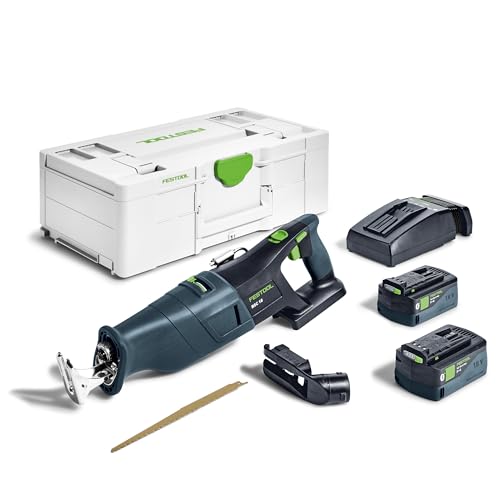 Festool – Akku-Säbelsäge RSC 18 5,0 EB-Plus inkl. Akkupacks BP 18 Li 5,0 + Schnellladegerät + Absaugvorrichtung + Säbelsägeblatt WOOD UNIVERSAL + Systainer SYS3 L 187 von Festool