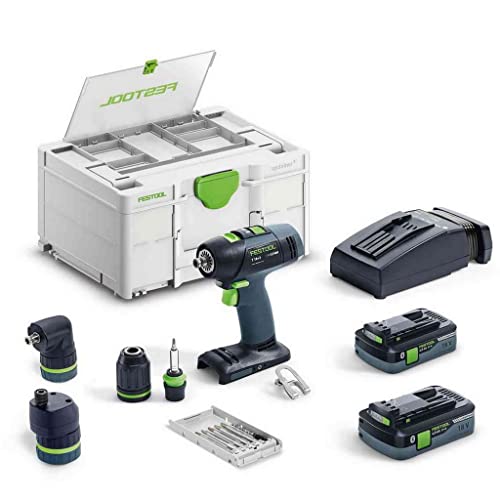 Festool Akku-Bohrschrauber T 18+3 HPC 4,0 I-Set (mit Akkupacks, Schnellladegerät, Werkzeugfutter, Schnellspannbohrfutter, Winkelvorsatz, Exzentervorsatz,Bitkassette, Bit PZ,Gürtelclip), im Systainer von Festool