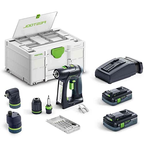 Festool Akku-Bohrschrauber C 18 HPC 4,0 I-Set (mit Akkupacks, Schnellladegerät, Werkzeugfutter, Schnellspannbohrfutter, Winkelvorsatz, Exzentervorsatz, Bitkassette, Bit, Gürtelclip), im Systainer von Festool