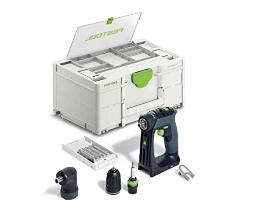 Festool – Akku-Bohrschrauber CXS 18-Basic-Set inkl. Magnet-Bithalter + Werkzeugfutter + Winkelvorsatz + Schnellspannbohrfutter + Bitkassette + Bit + Gürtelclip + Systainer SYS3 DF M 187 von Festool