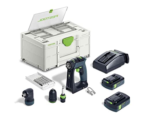 Festool – Akku-Bohrschrauber CXS 18 C 3,0-Set mit Akkupacks + Schnellladegerät + Magnet-Bithalter + Werkzeugfutter + Winkelvorsatz + Schnellspannbohrfutter + Bitkassette + Bit + Gürtelclip + Systainer von Festool