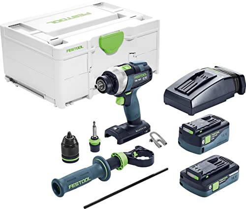 Festool Akku-Bohrschrauber TDC 18/4 5,2/4,0 I-Plus QUADRIVE (mit Akkupacks, Schnellladegerät, Werkzeugfutter, Magnet-Bithalter, Schnellspannbohrfutter, Zusatzhandgriff, Bit, Gürtelclip), im Systainer von Festool