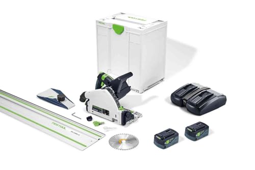 Festool Akku-Tauchsäge TSC 55 5,0 KEBI-Plus/XL-FS (mit Akkupacks, Schnellladegerät, Kreissägeblatt, Splitterschutz, Staubfangbeutel, Innensechskantschlüssel, Führungsschiene), im Systainer von Festool
