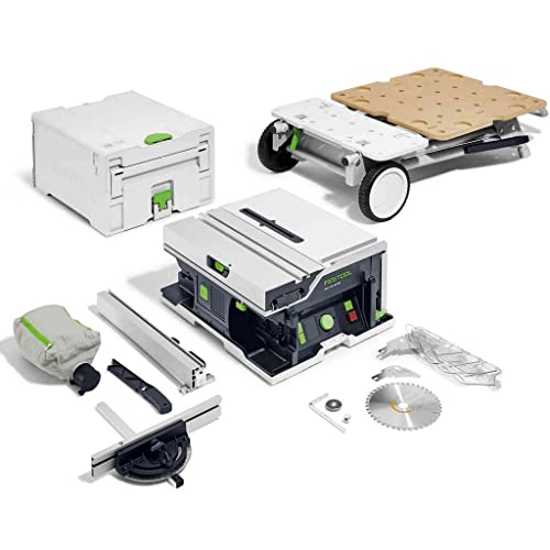 Festool Akku-Tischkreissäge CSC SYS 50 EBI-Basic-Set (mit Kreissägeblatt, Parallelanschlag, Schiebestock, Winkel-Rastanschlag, Spänefangsack, Spaltkeil, Innensechskantschlüssel, Untergestell) von Festool