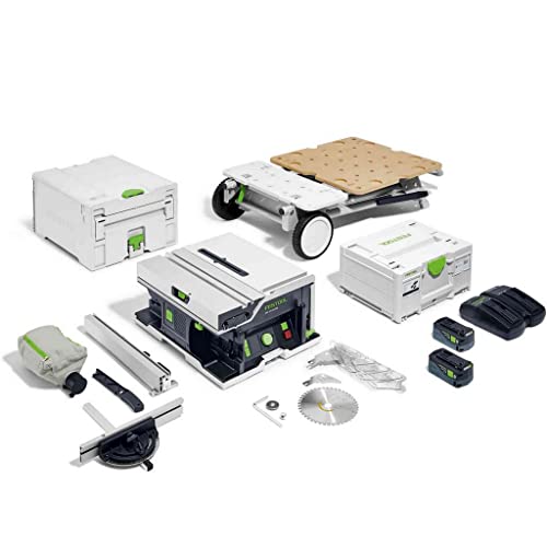 Festool Akku-Tischkreissäge CSC SYS 50 EBI-Set (mit Kreissägeblatt, Parallelanschlag, Schiebestock, Winkel-Rastanschlag, Spänefangsack, Spaltkeil, Innensechskantschlüssel, Energie-Set, Untergestell) von Festool