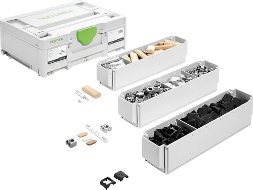 Festool DOMINO Verbinder Sortiment SV-SYS D14 (mit Ankerbolzen, Doppelbolzen, Spreizanker, DOMINO Dübel Buche D, Queranker, Stiftschlüssel, Verbreiterung für Queranker, Abdeckkappen), im Systainer von Festool